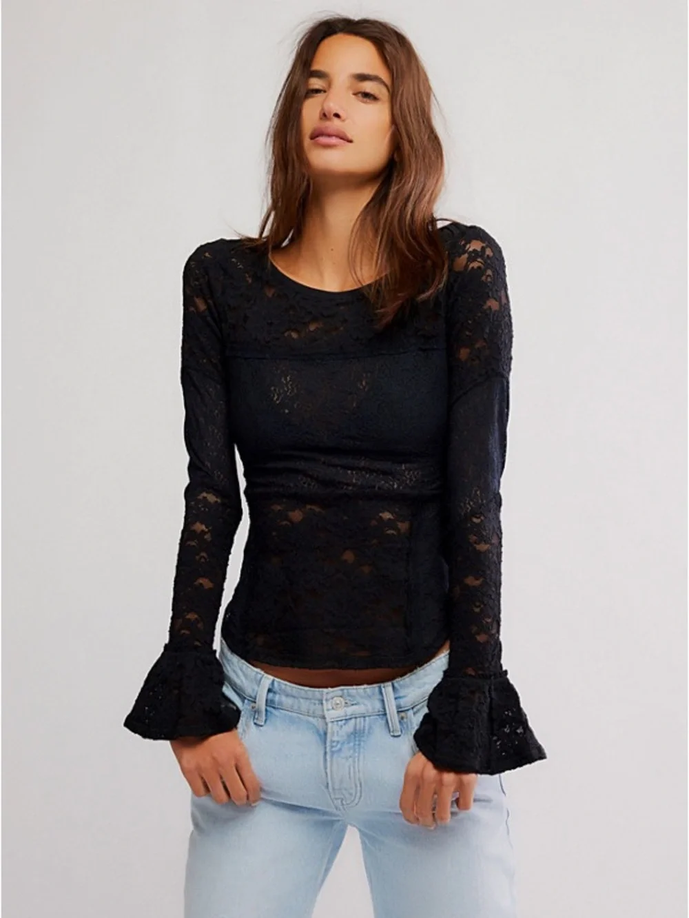 Free People Sheer Lace Flared Long Sleeve Top